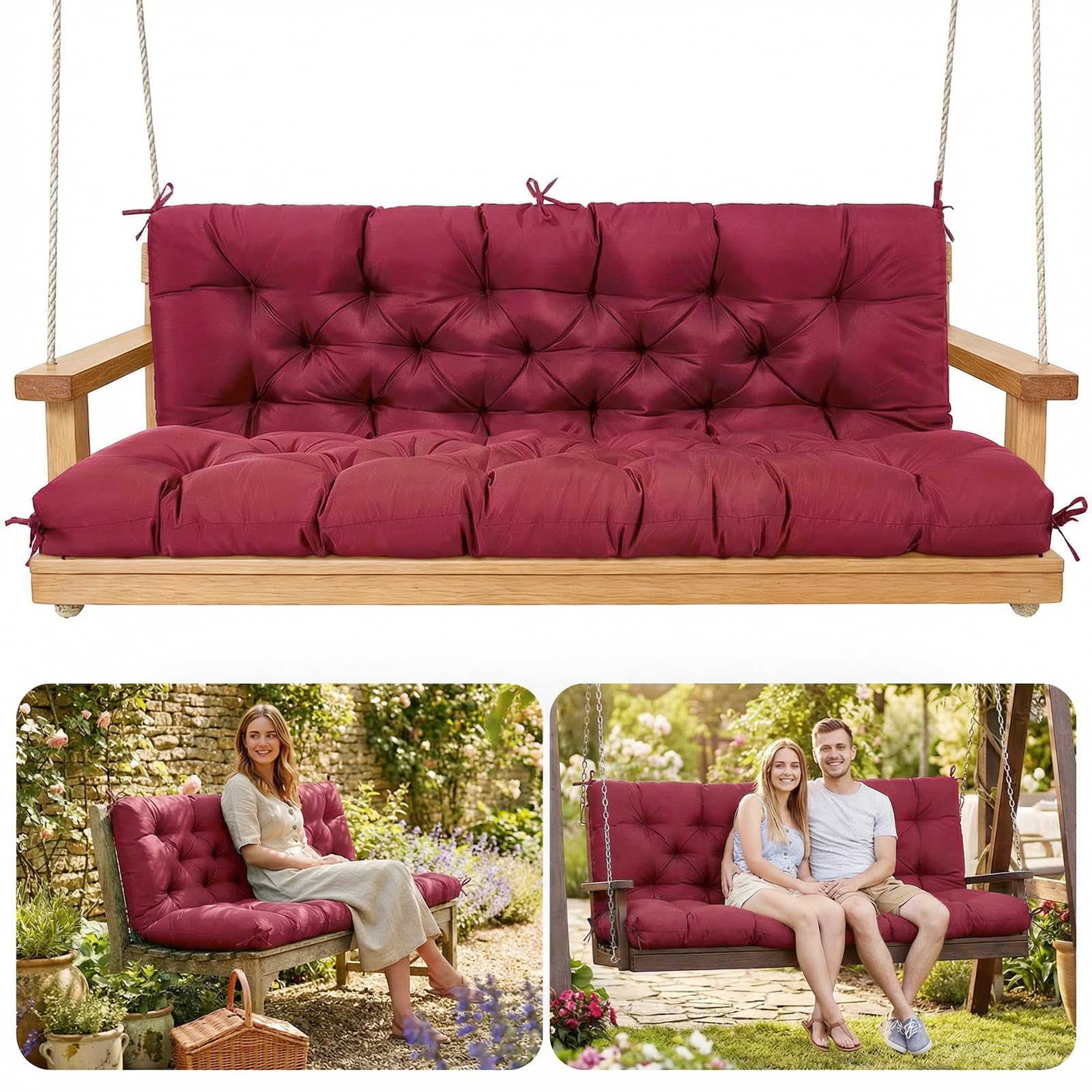 SLIMSTY front view porch swing cushion showing full seating area and tie straps for stability