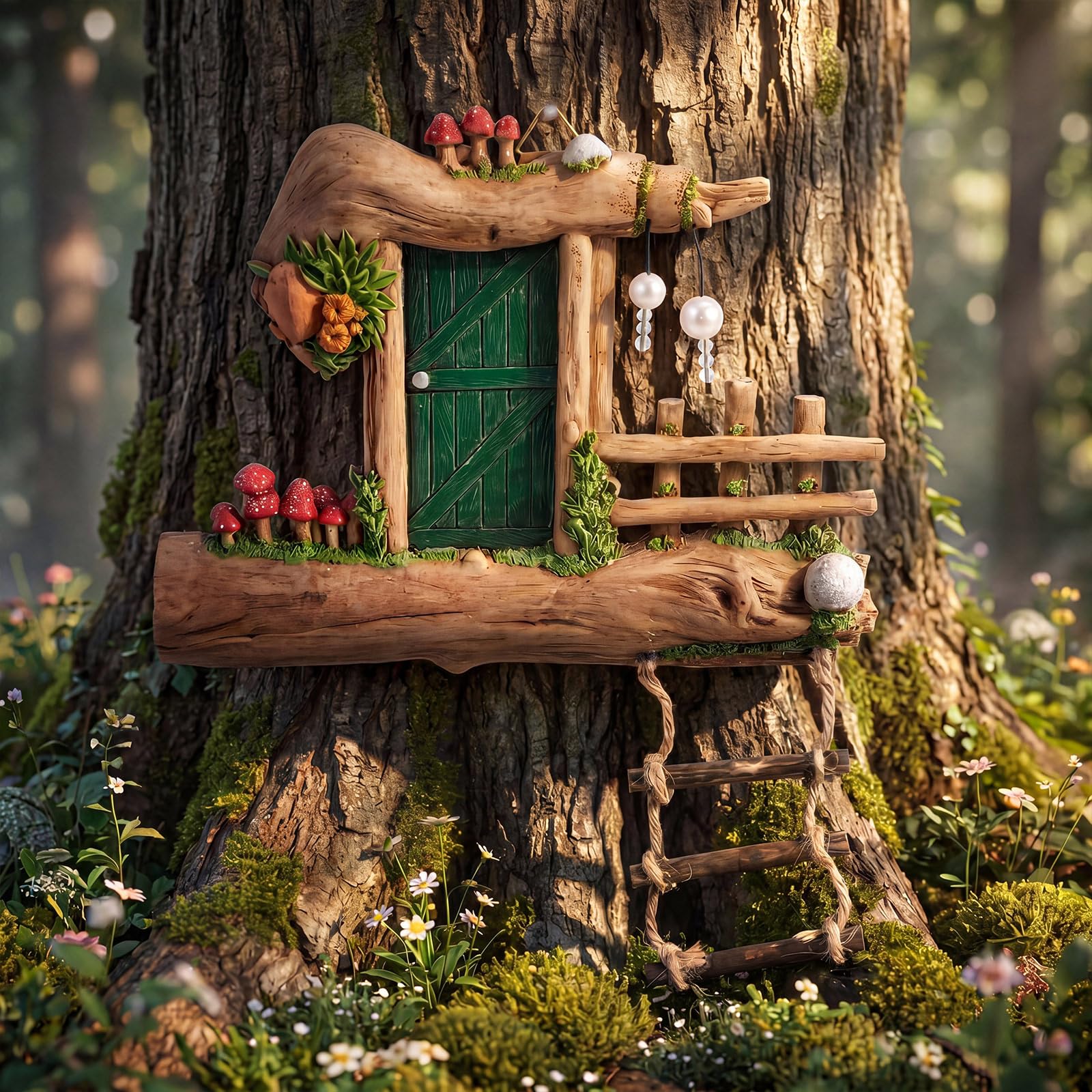 Sliner fairy door front view showing dark green door and wood tones, adds whimsical focal point