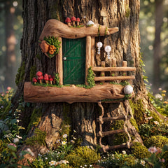 Sliner fairy door front view showing dark green door and wood tones, adds whimsical focal point