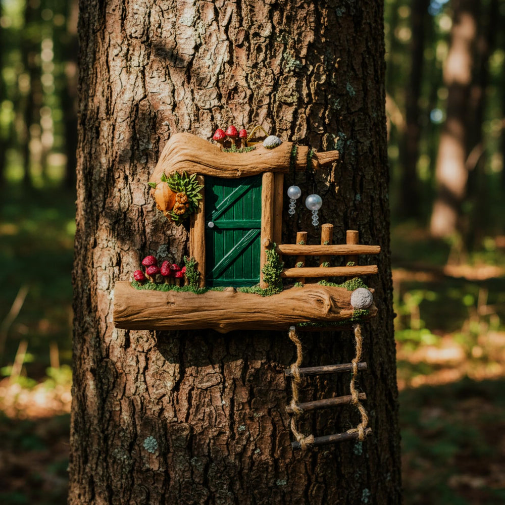 Sliner fairy door installed at tree base in garden, blends naturally and brightens landscaping