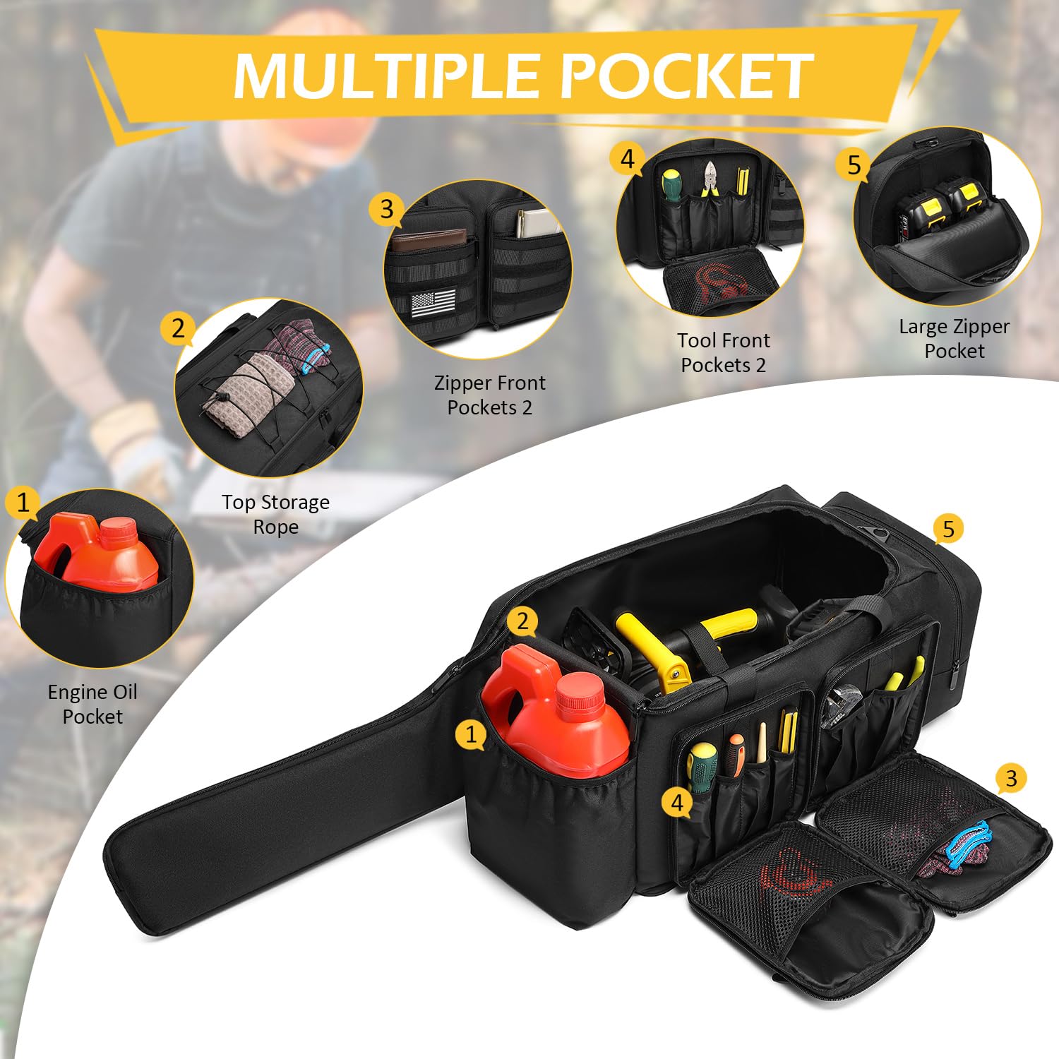 SLINRKE open bag with chainsaw secured by straps demonstrating secure storage