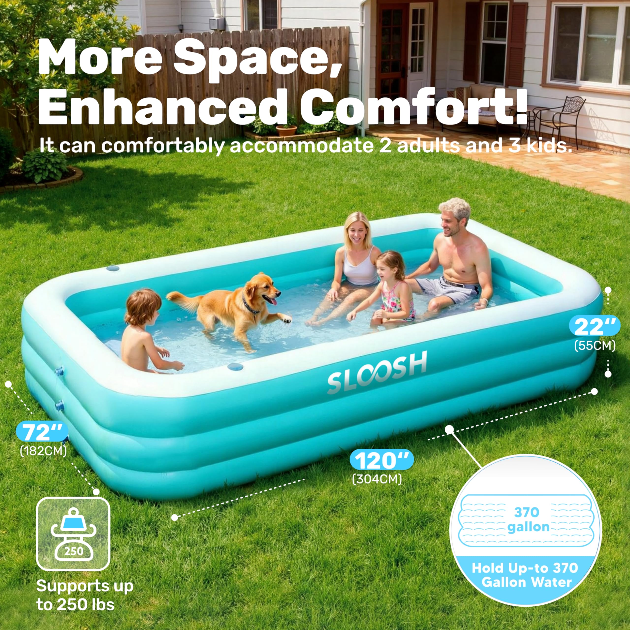 Sloosh family in backyard using pool demonstrating group enjoyment