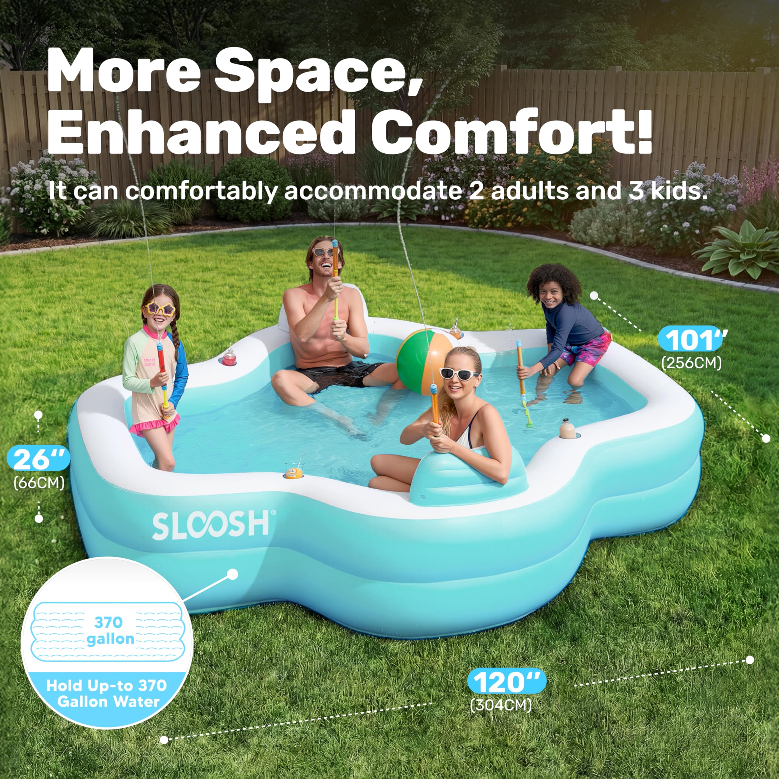 Sloosh pool in use with family relaxing for shared outdoor enjoyment benefit
