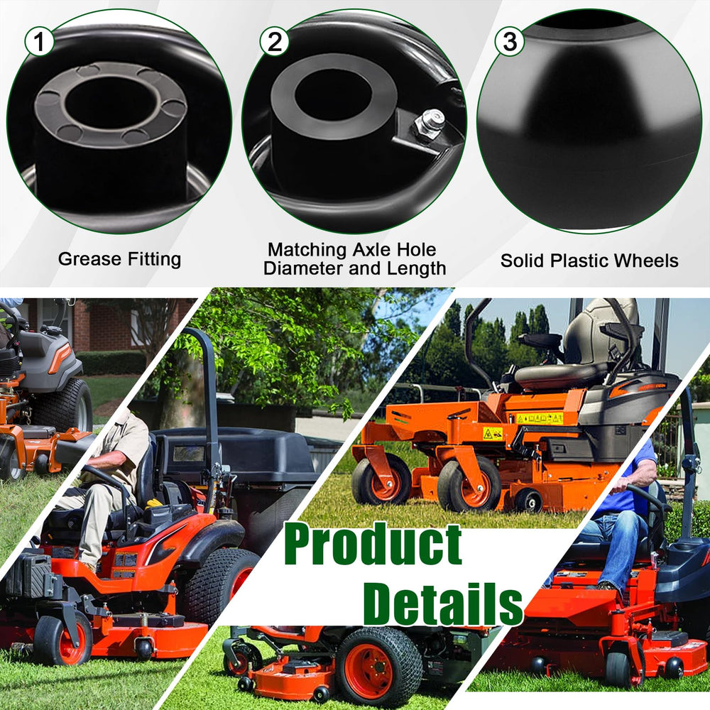 Slother deck wheel mounted on Kubota mower illustrating improved deck ride and reduced scalping