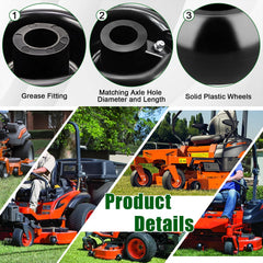 Slother deck wheel mounted on Kubota mower illustrating improved deck ride and reduced scalping