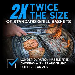 Slow 'N Sear loaded with charcoal highlighting increased capacity and longer burn times