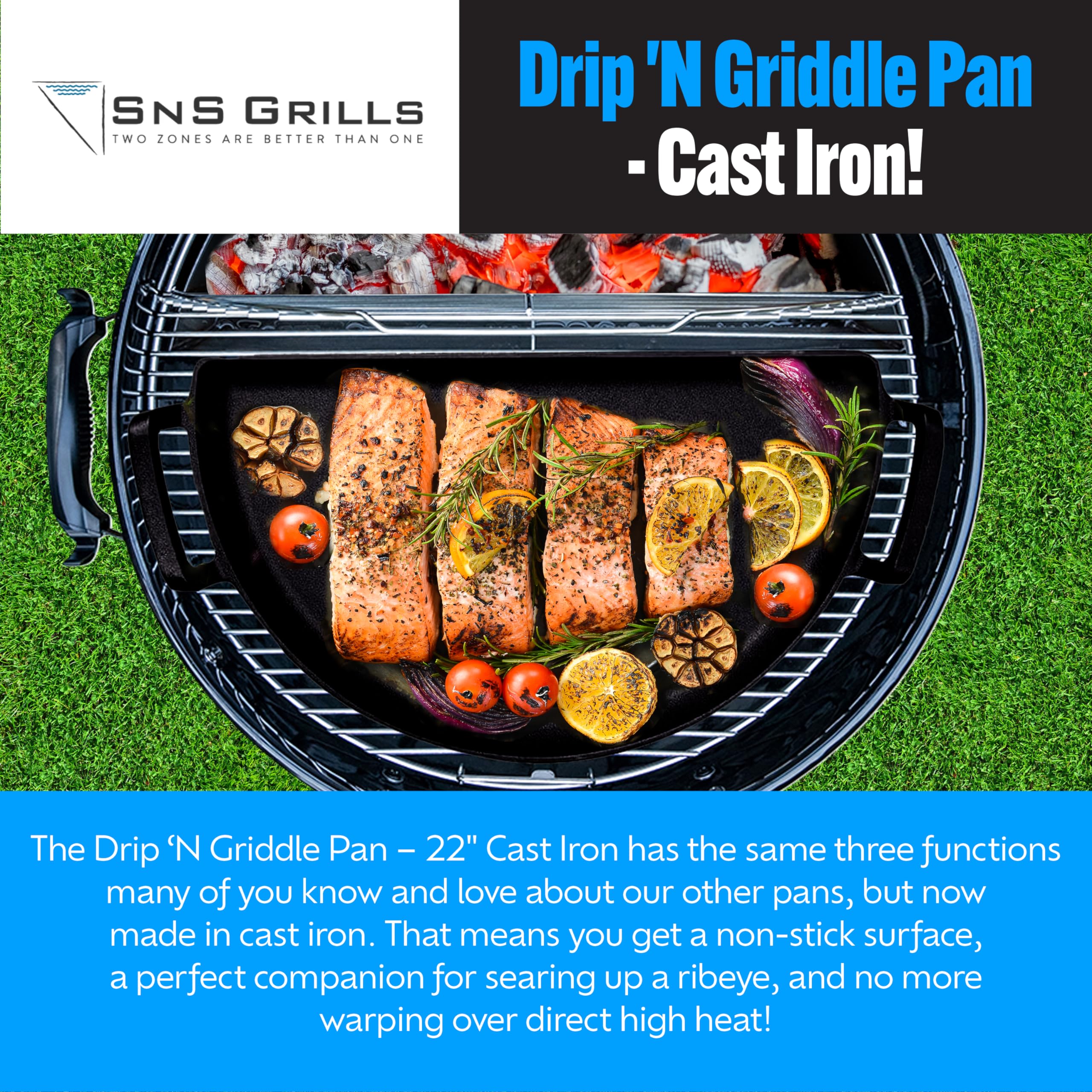 Slow 'N Sear close-up of seasoned cast iron surface highlighting superior heat retention