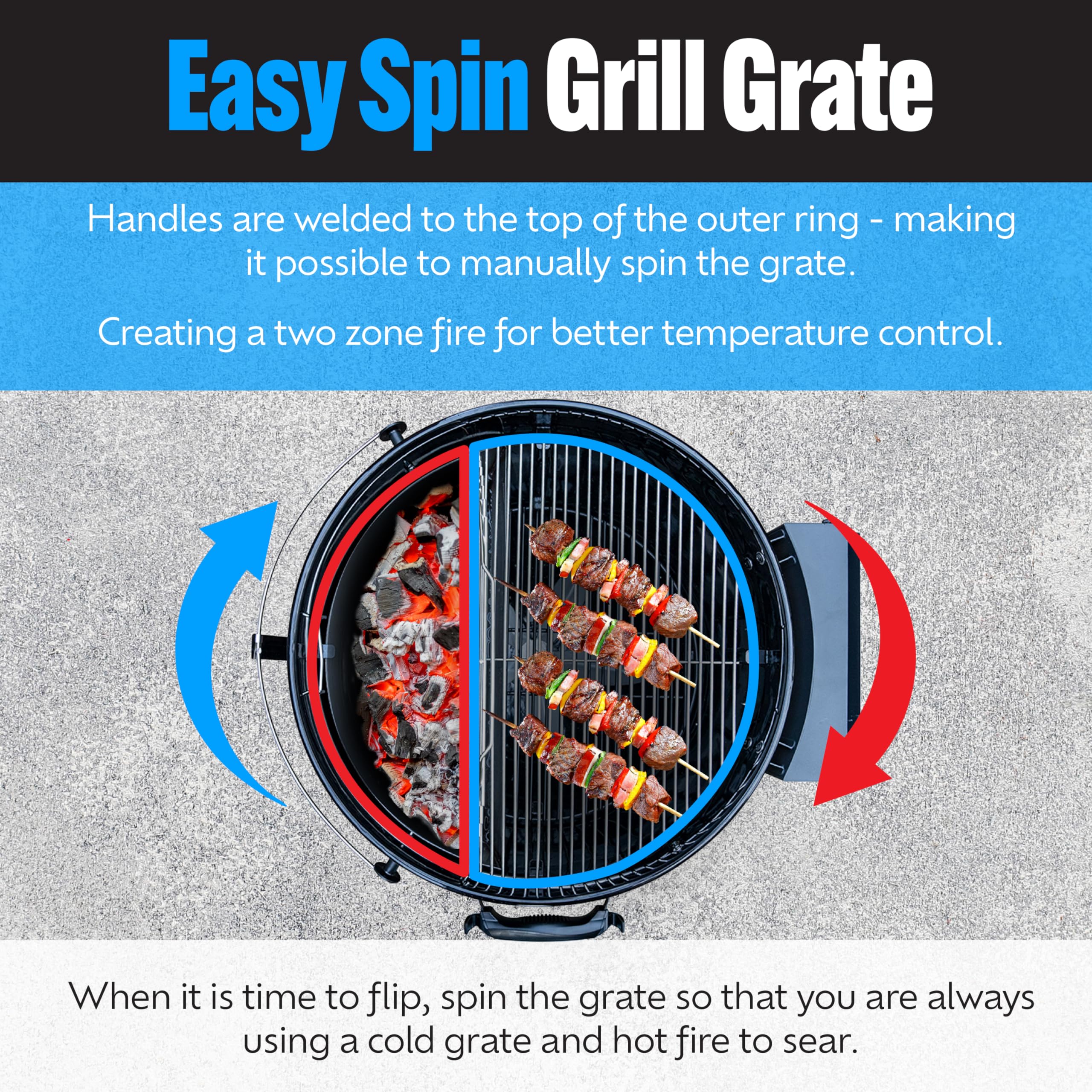 Slow 'N Sear cooking surface with steaks demonstrating searing performance
