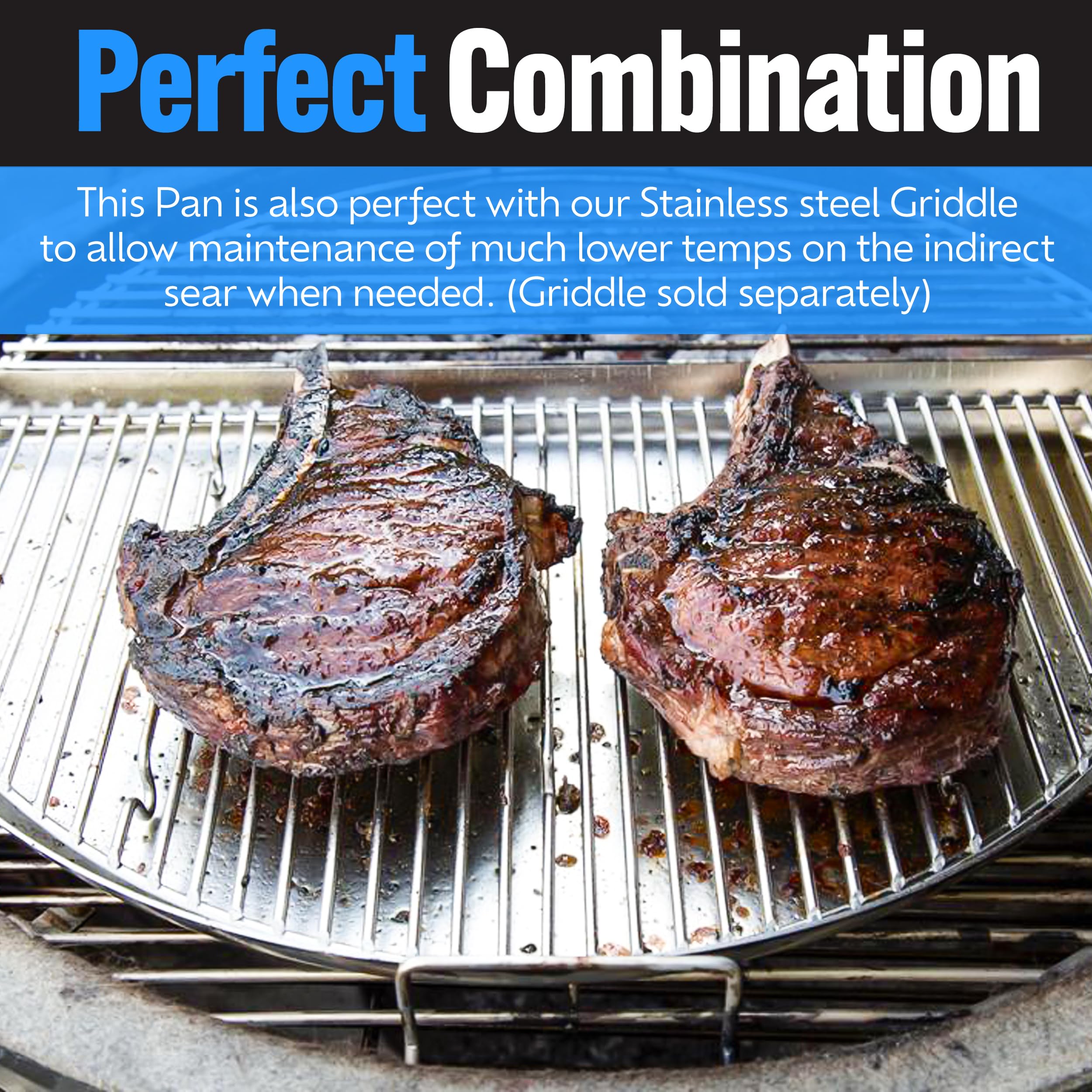 Slow 'N Sear pan on charcoal grate showing scale and compatibility with kettles
