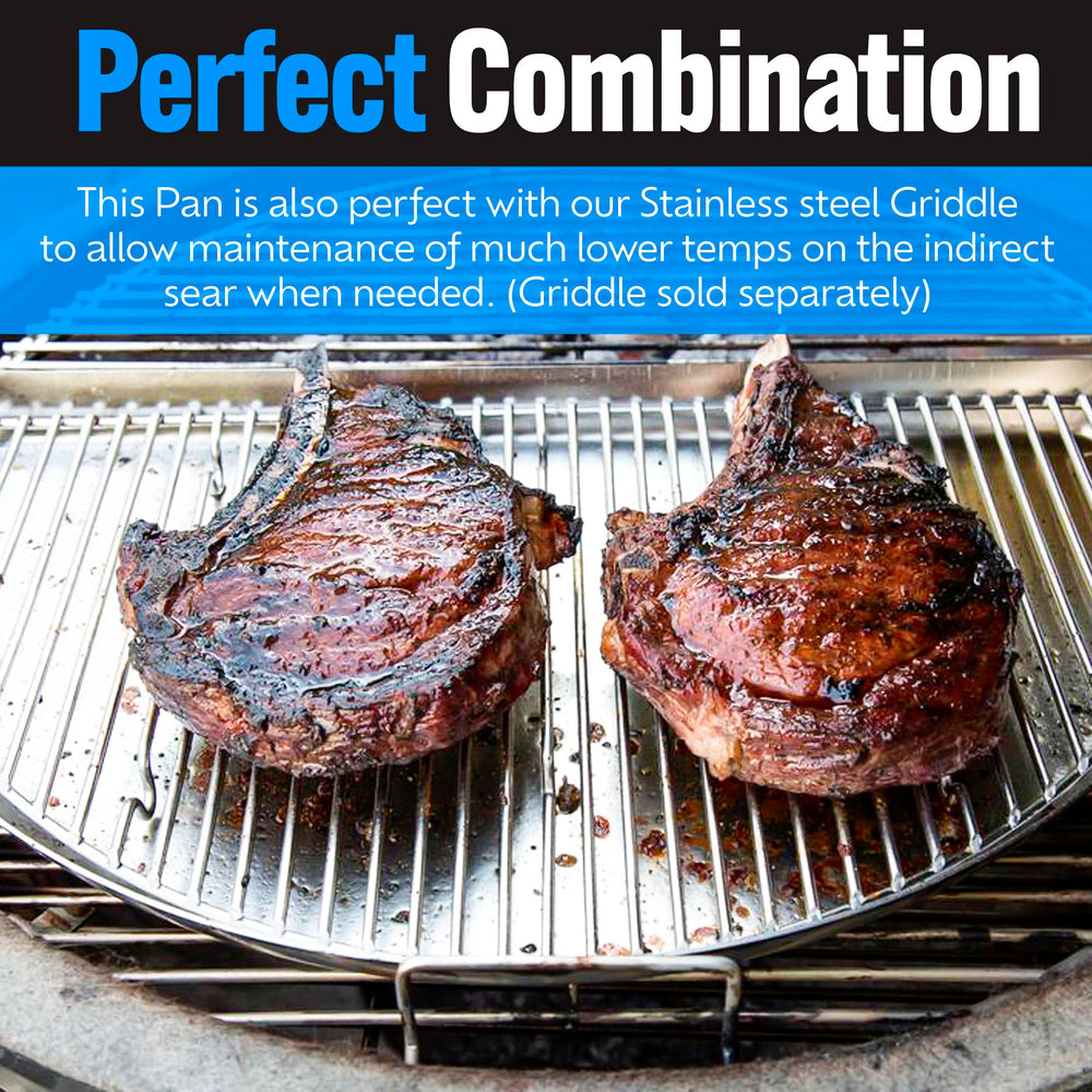 Slow 'N Sear pan on charcoal grate showing scale and compatibility with kettles