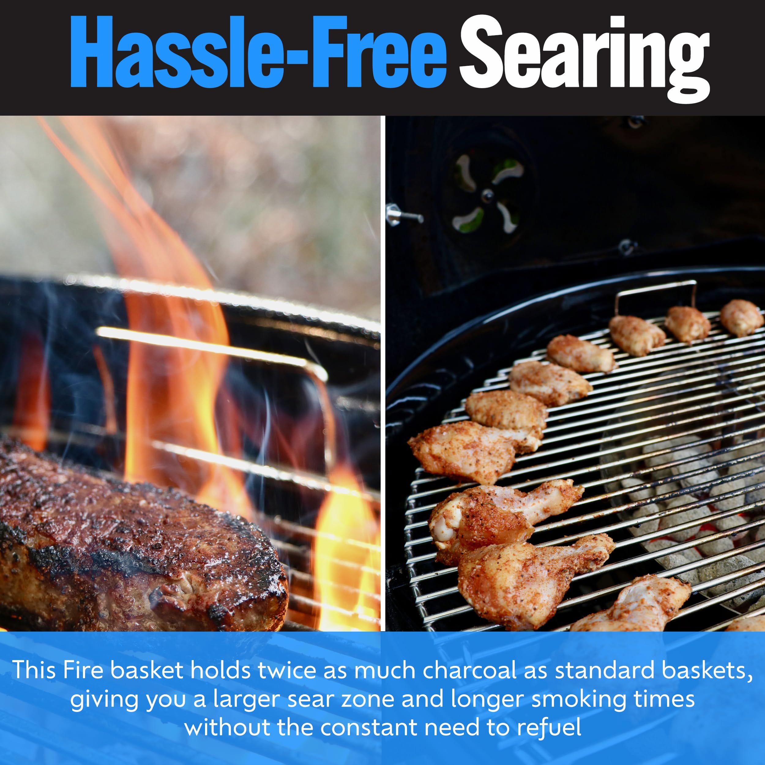 Slow 'N Sear FireBasket inside grill showing two-zone cooking versatility