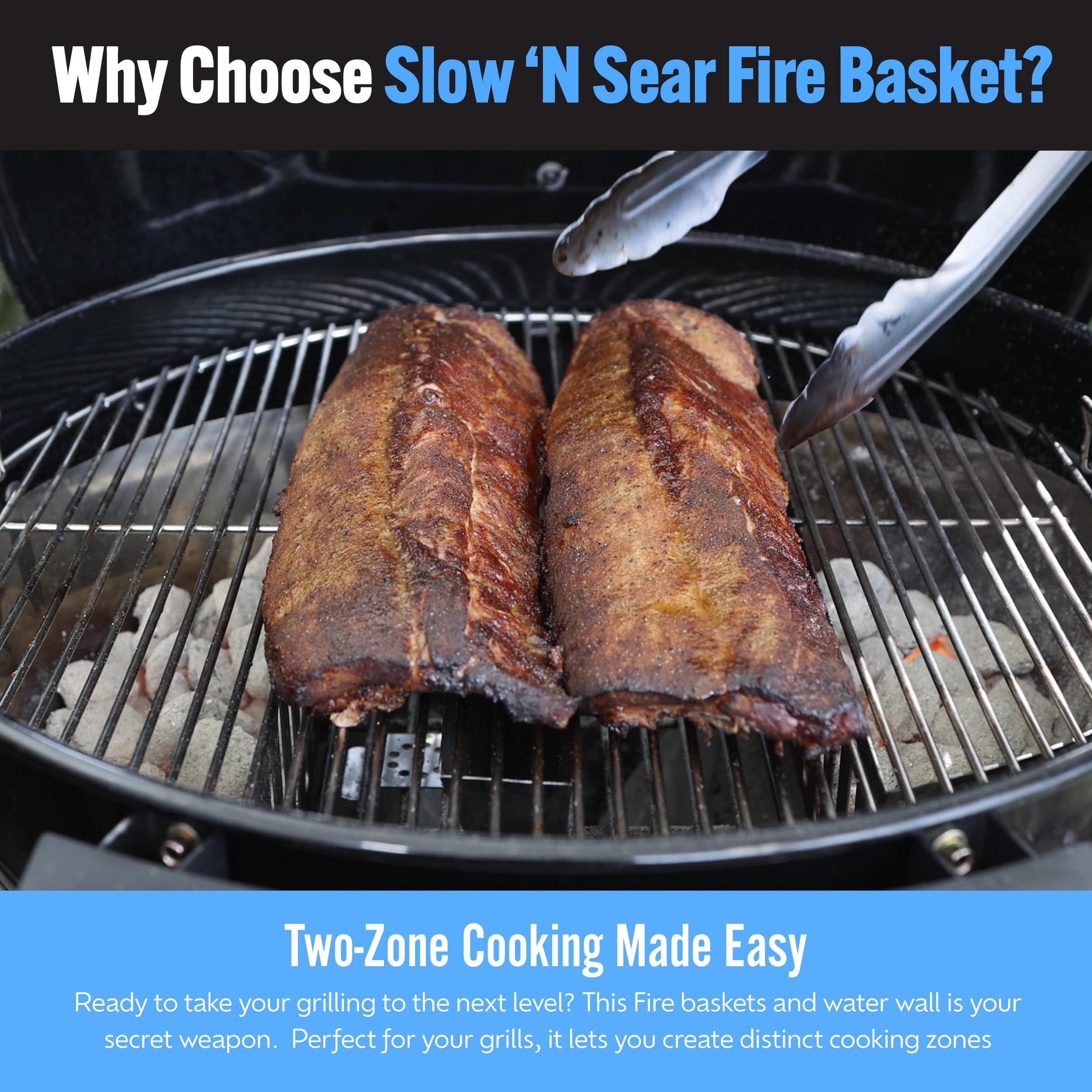 Slow 'N Sear FireBasket next to tools showing scale and large capacity