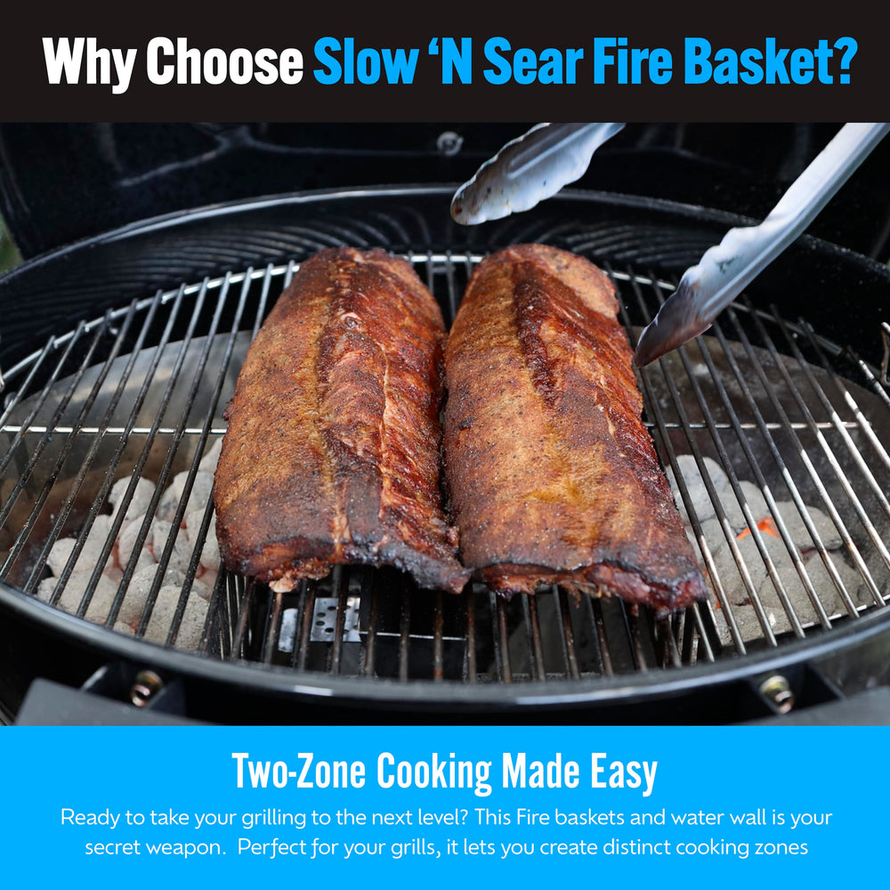 Slow 'N Sear FireBasket next to tools showing scale and large capacity