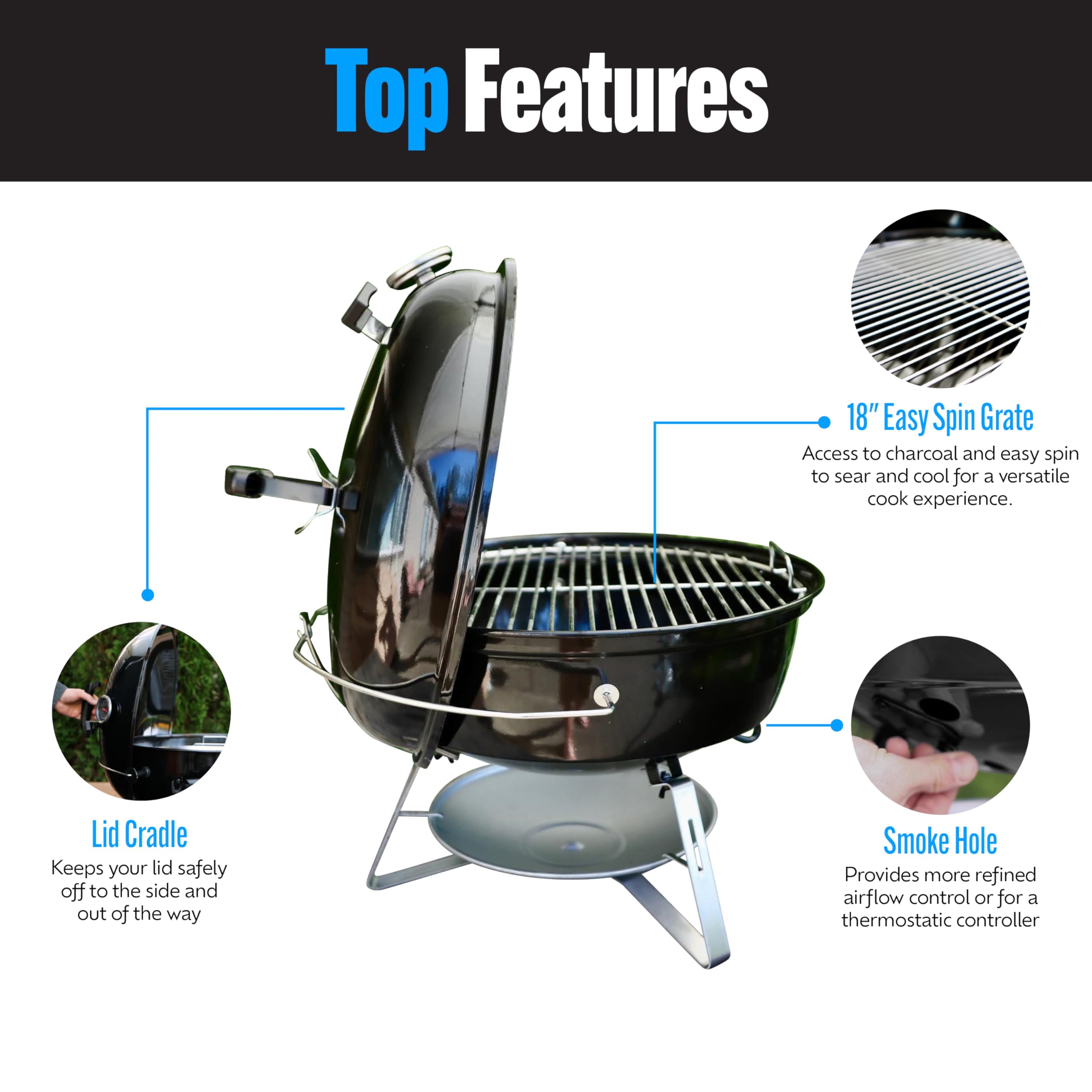 Slow 'N Sear five-vent ash system close-up for easy clean-up advantage