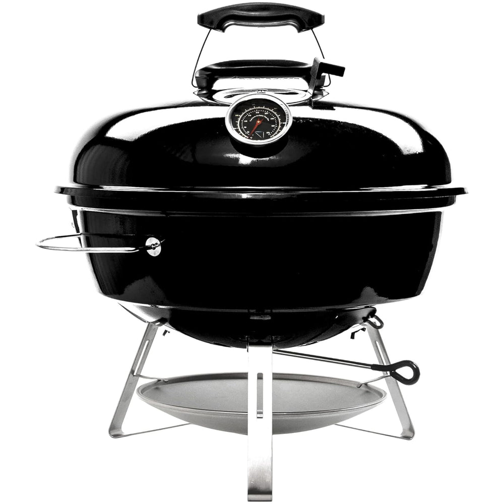 Slow 'N Sear front view showing compact kettle and portable benefits