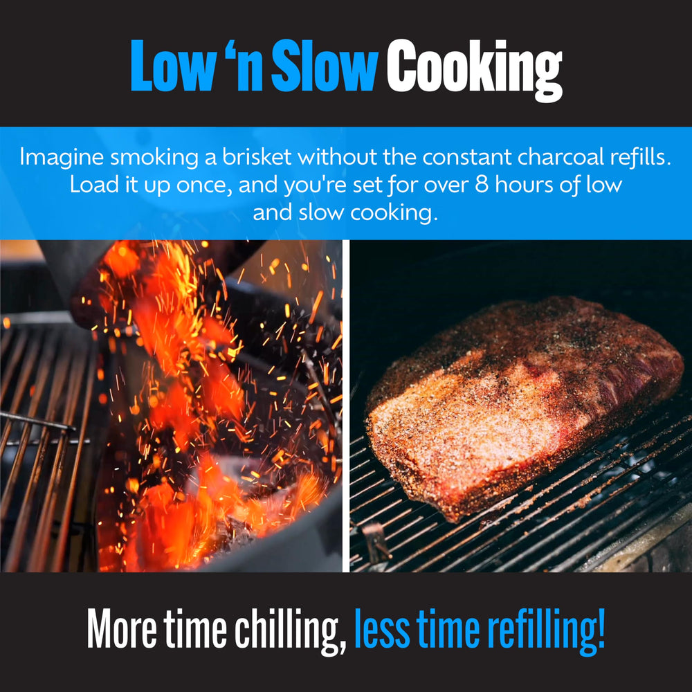 Slow 'N Sear in use with brisket showcasing long smoke time benefit