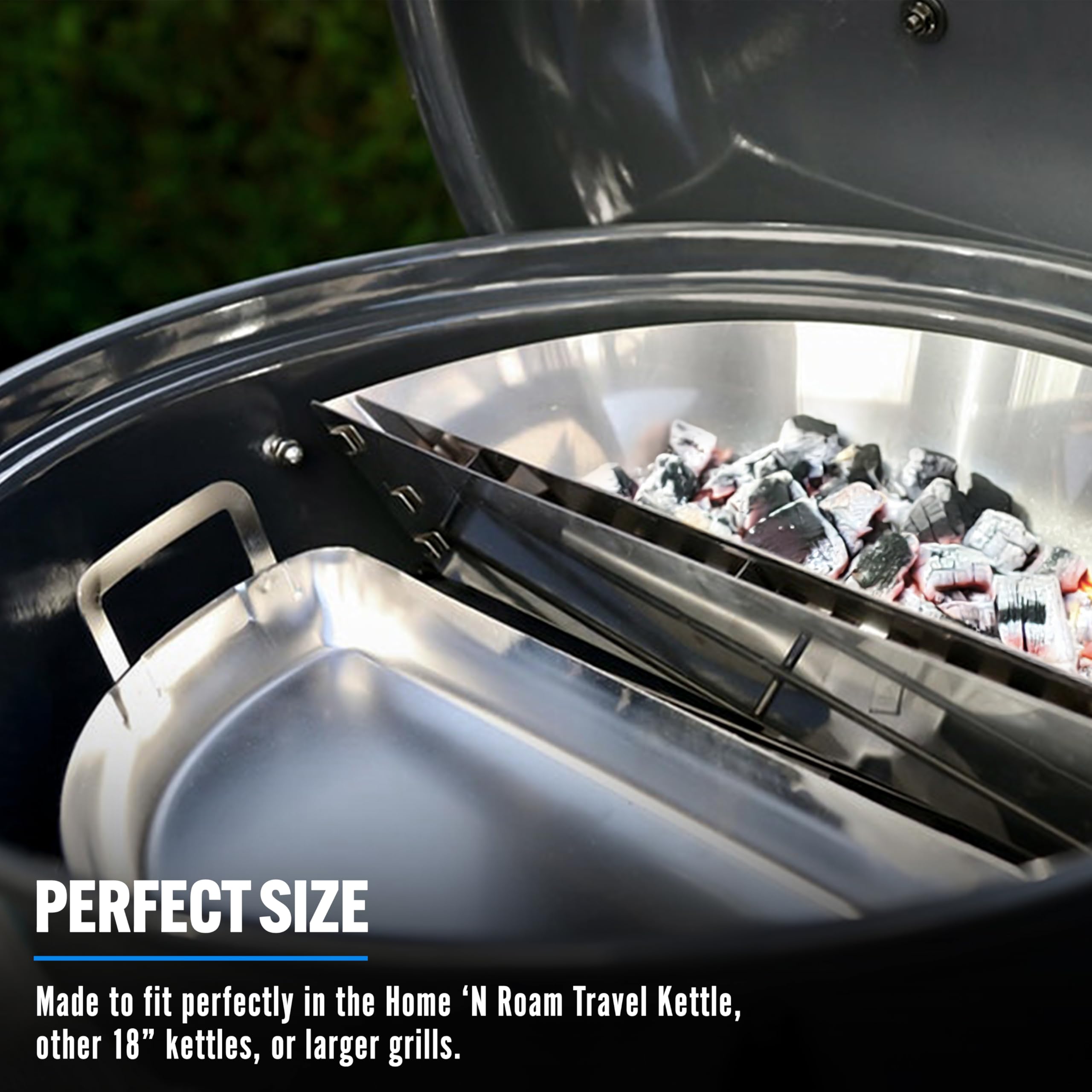 Slow 'N Sear pan sitting on 18-inch grill highlighting broad cooking area