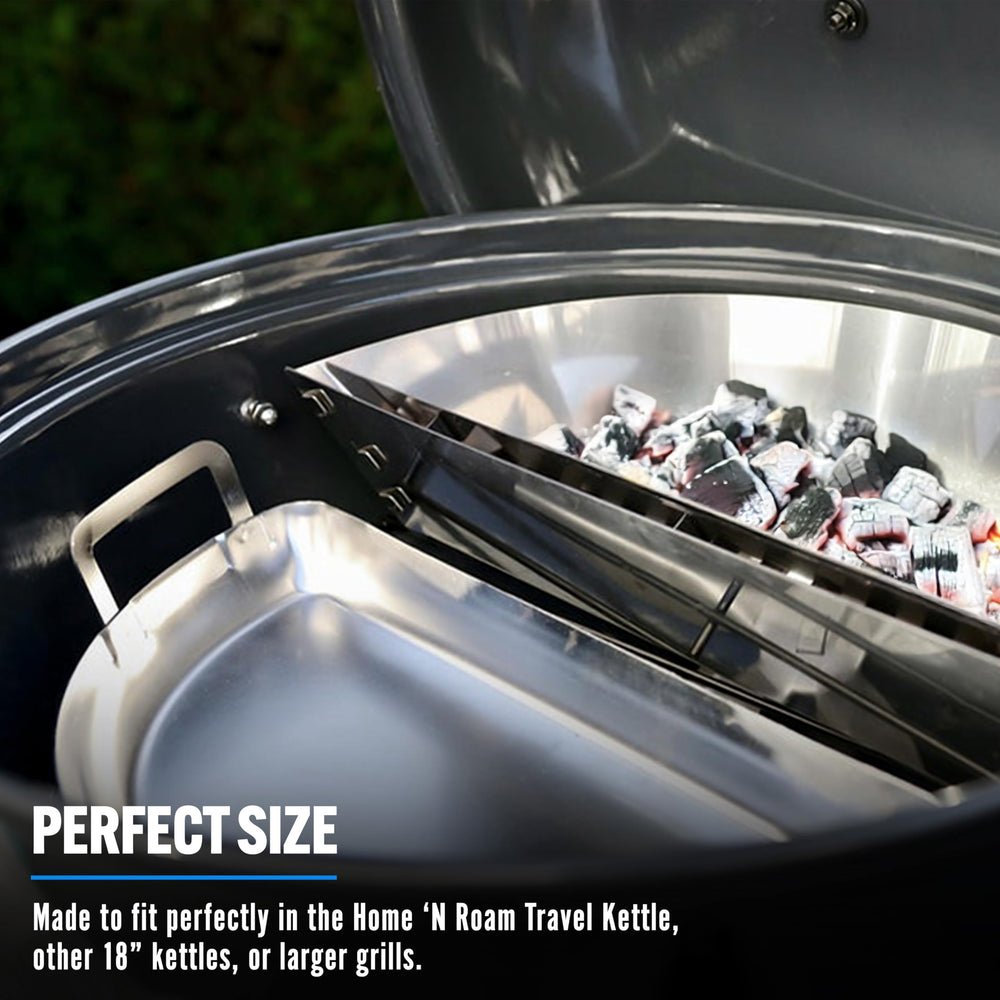 Slow 'N Sear pan sitting on 18-inch grill highlighting broad cooking area