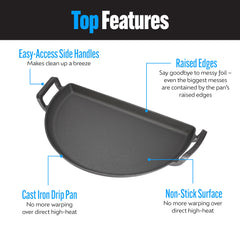 Slow 'N Sear pan on kettle grill cooking steak and griddle items for easier outdoor meals