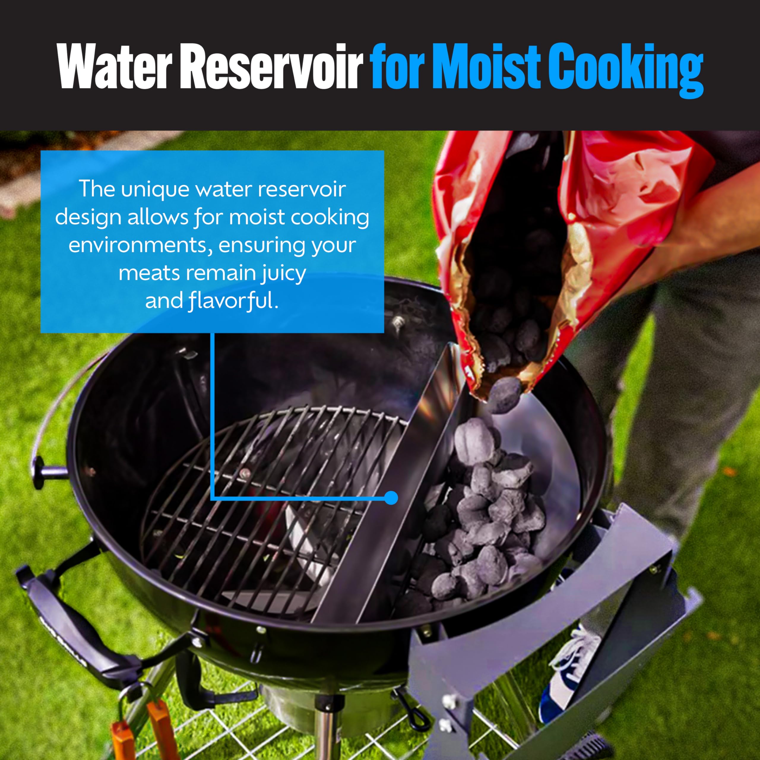 Slow 'N Sear next to kettle showing scale and easy storage benefit