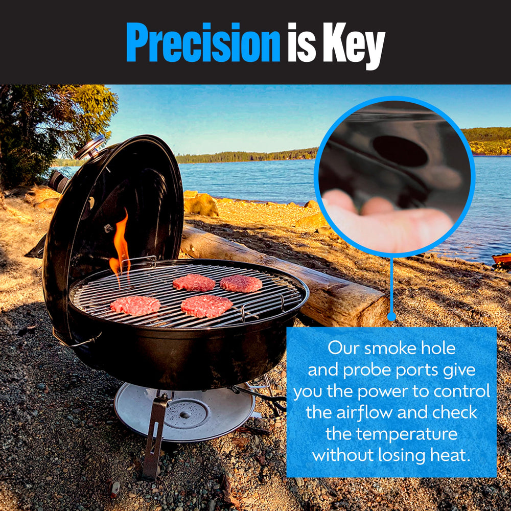 Slow 'N Sear next to backpack illustrating compact size and portability