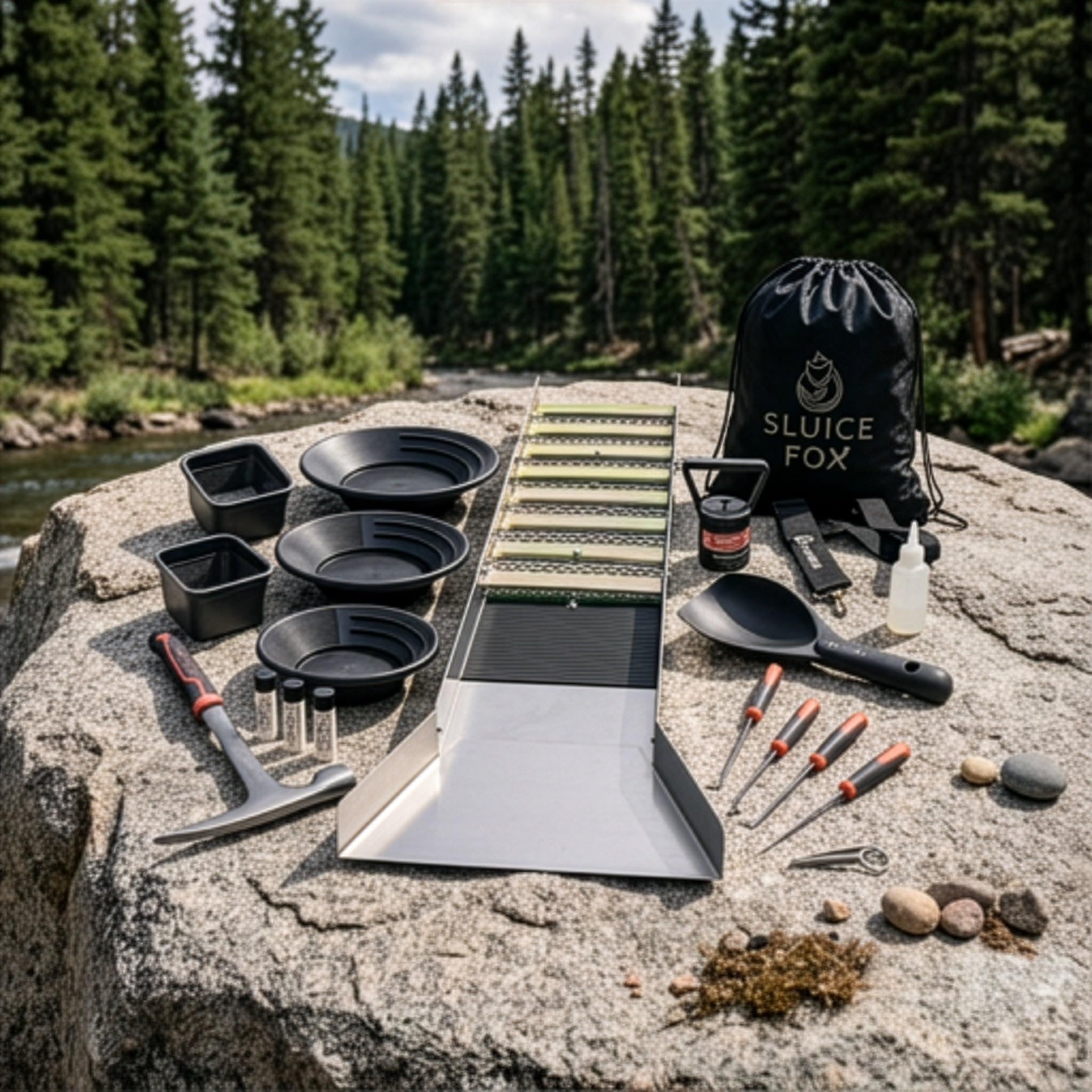 Sluice Fox folded compact in hiking-ready form for lightweight transport