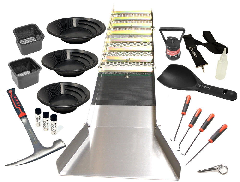 Sluice Fox front packaging showing kit contents and benefits for easy start-up