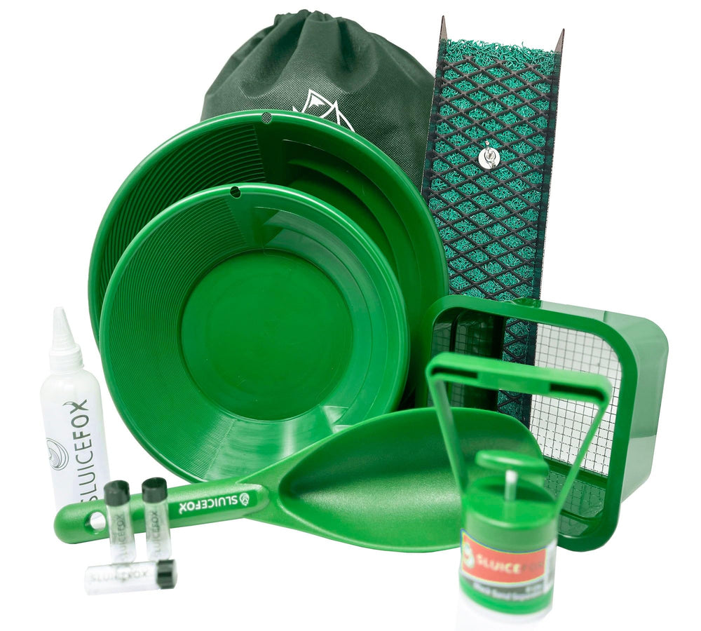 Sluice Fox kit front layout showing sluice and tools for easy field starts