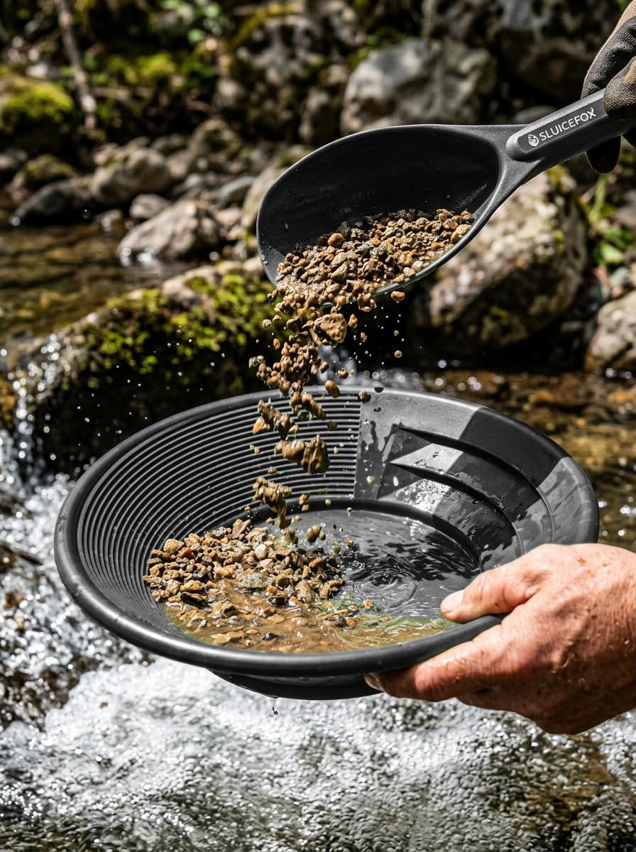 Sluice Fox pay dirt scoop scooping material quickly to feed the sluice