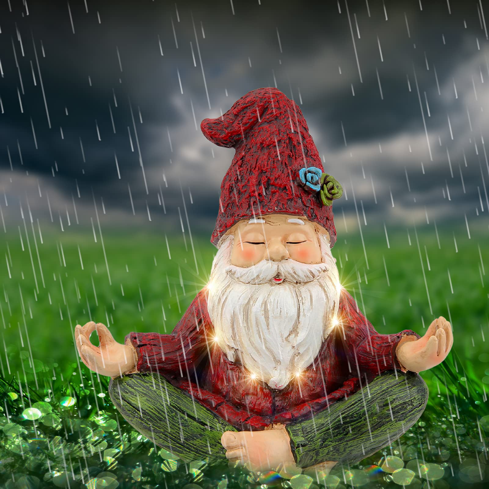 Smadeer gnome on a patio among plants creating whimsical outdoor atmosphere