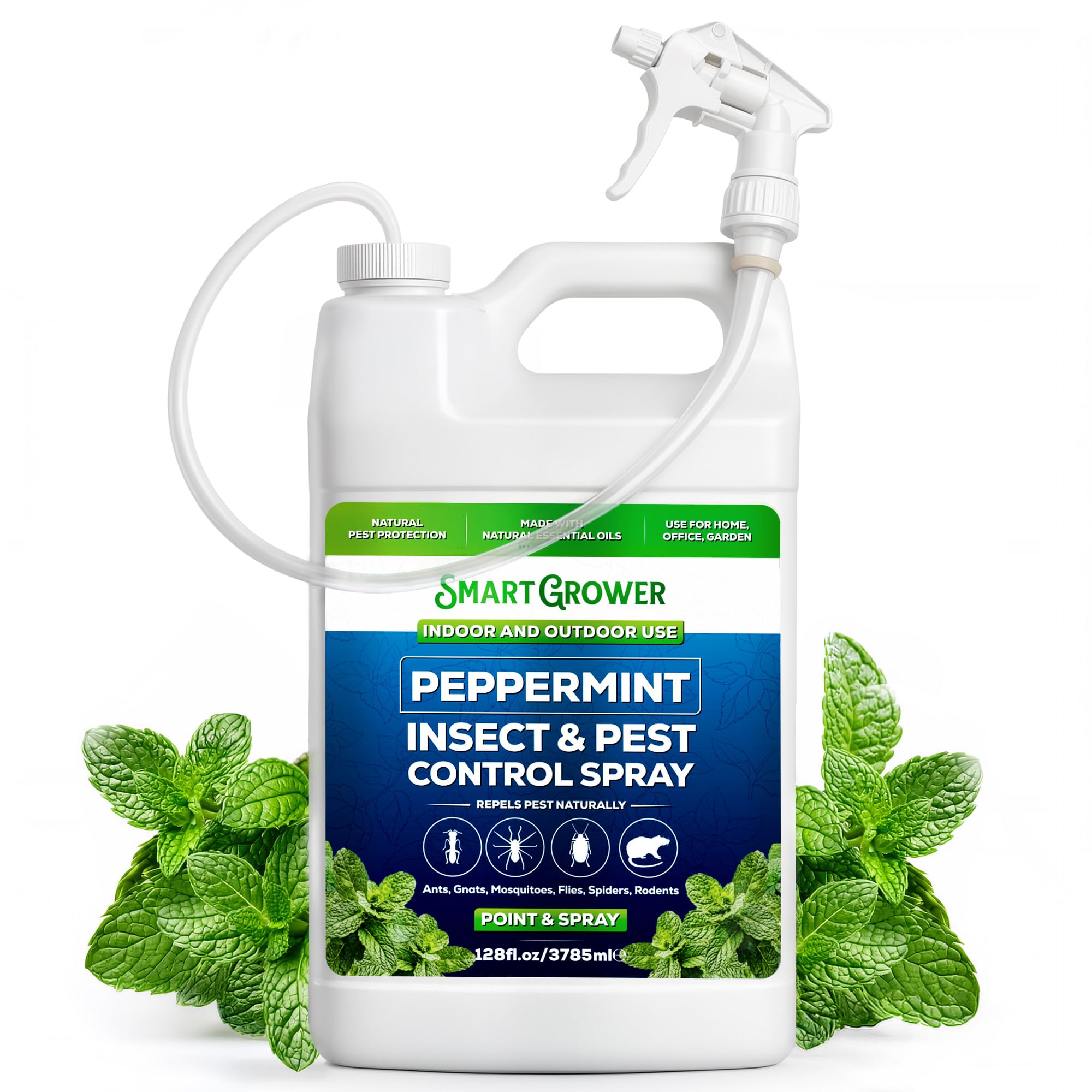 Smart Grower front label of 128oz peppermint spray showing product name and size benefits