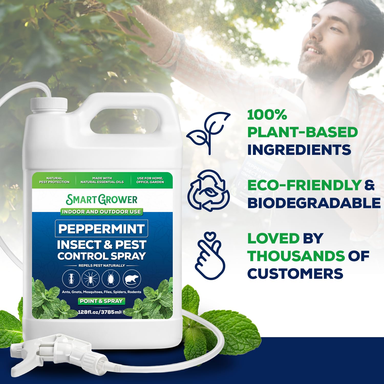 Smart Grower packaging close-up highlighting extra strength peppermint oil and features