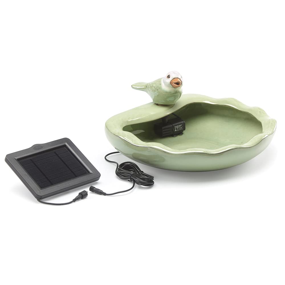 Smart Solar ceramic bird fountain front view showing glossy light green finish and flowing water benefit