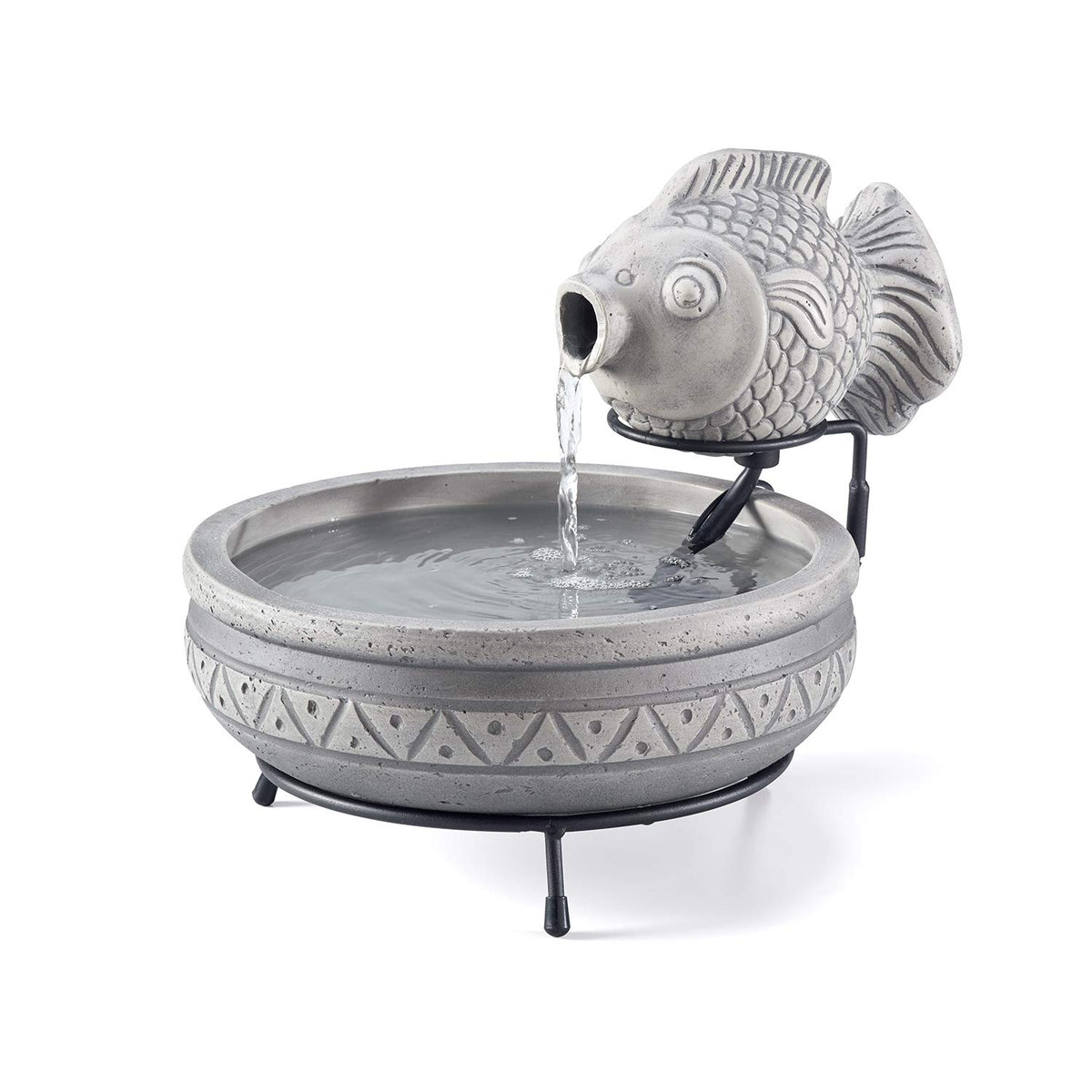 Smart Solar Marin front view showing elegant cement fish and bowl, enhances garden ambiance