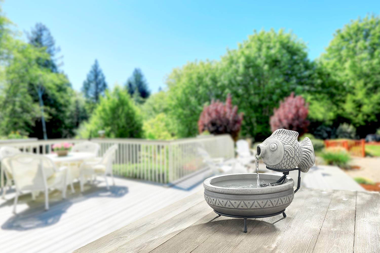Smart Solar Marin water flowing from fish mouth into bowl, creates calming ambient sound