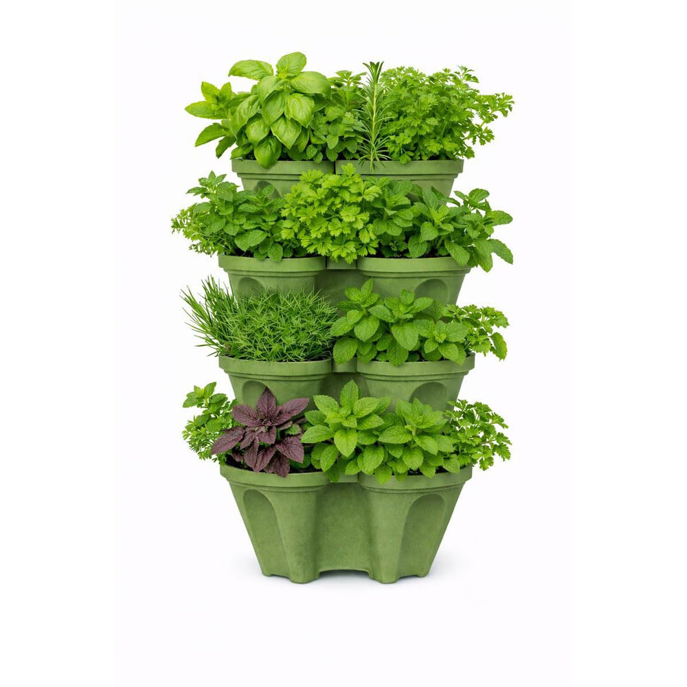 smart spring front view of sagebrush green tower showing 4 tiers and plant pockets, highlights space savings