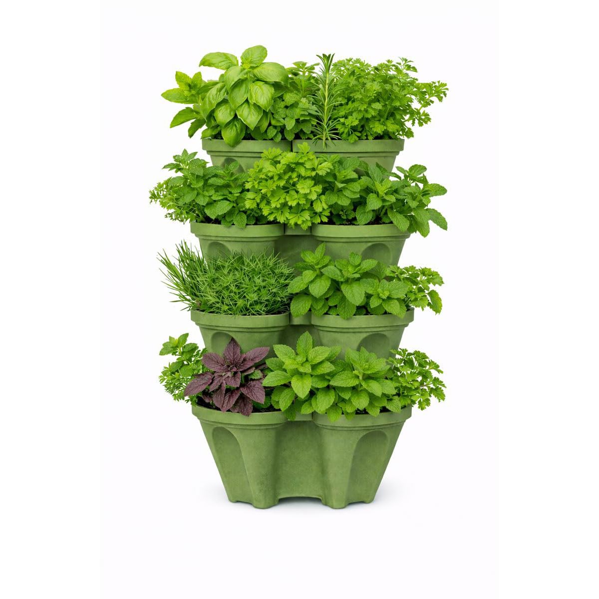 smart spring front view of sagebrush green tower showing 4 tiers and plant pockets, highlights space savings