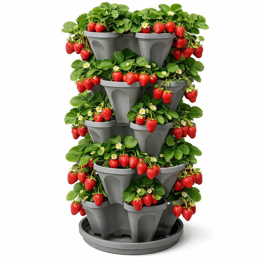 smart spring front view of 5-tier stackable planter showing compact vertical growth benefit