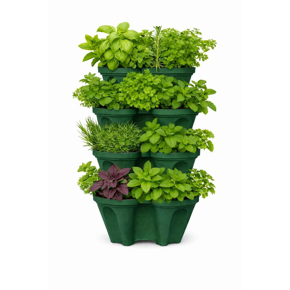smart spring front view tower showing four stacked tiers and 16 planting sites for space saving
