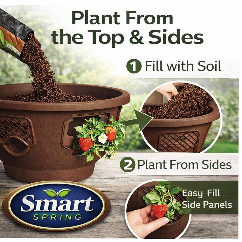 smart spring hanging on a deck with strawberries and herbs, maximizing small spaces