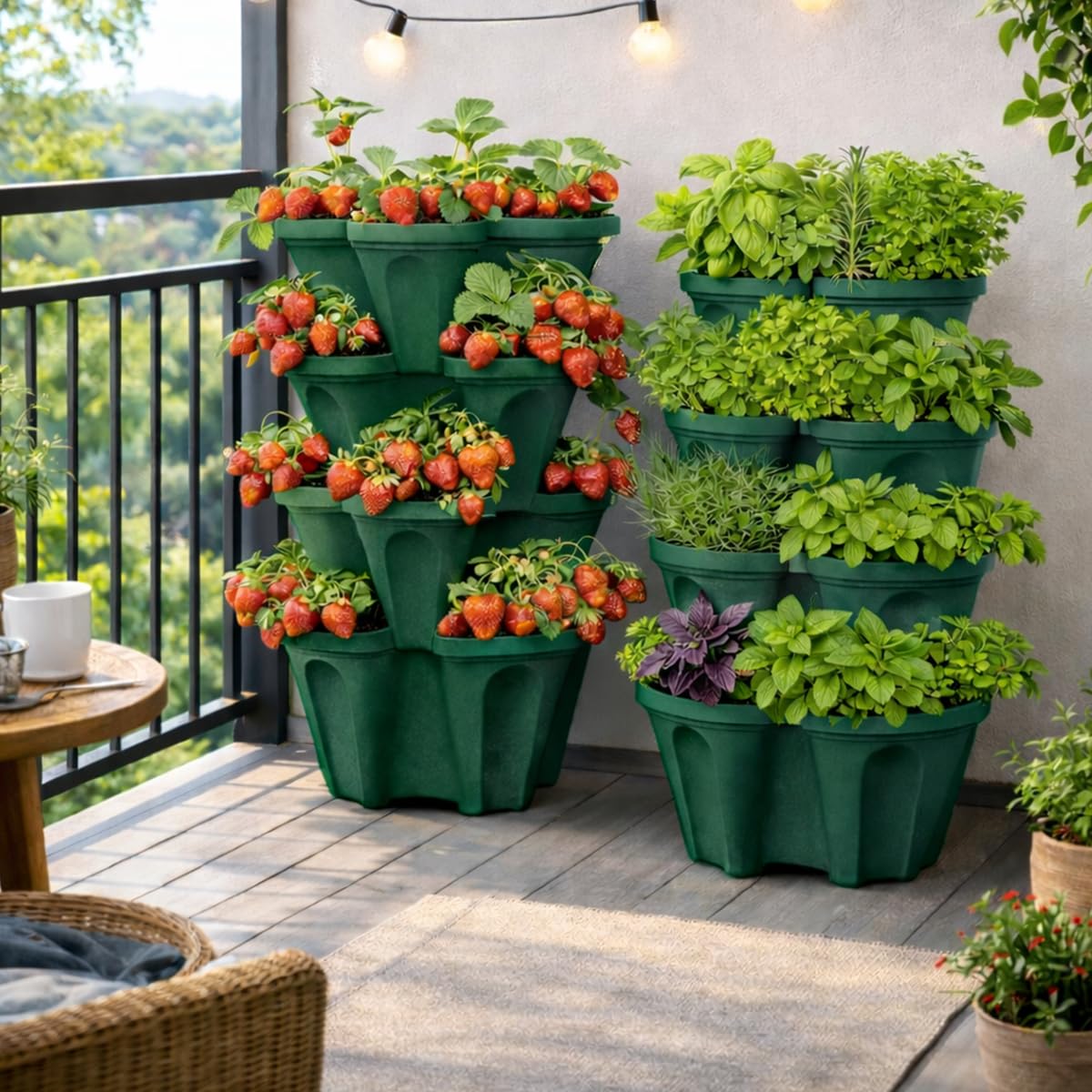 smart spring planter in use on patio with herbs growing to maximize urban gardening space
