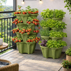 smart spring planter tower planted with strawberries, demonstrates high-yield vertical growing