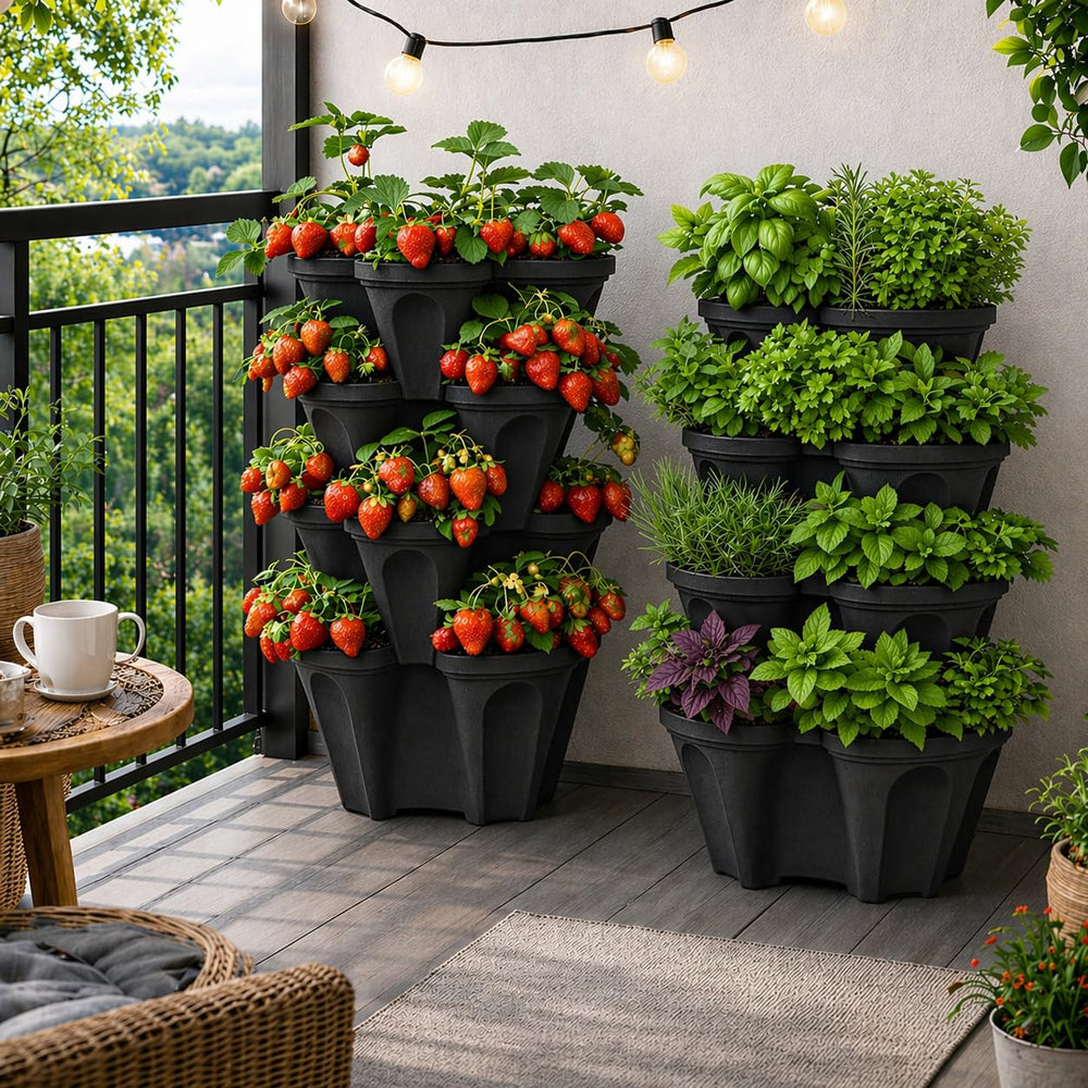 smart spring planter on a balcony filled with herbs showing easy-access fresh cooking greens