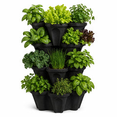 smart spring front view of 4-tier planter showing midnight black finish and plant openings