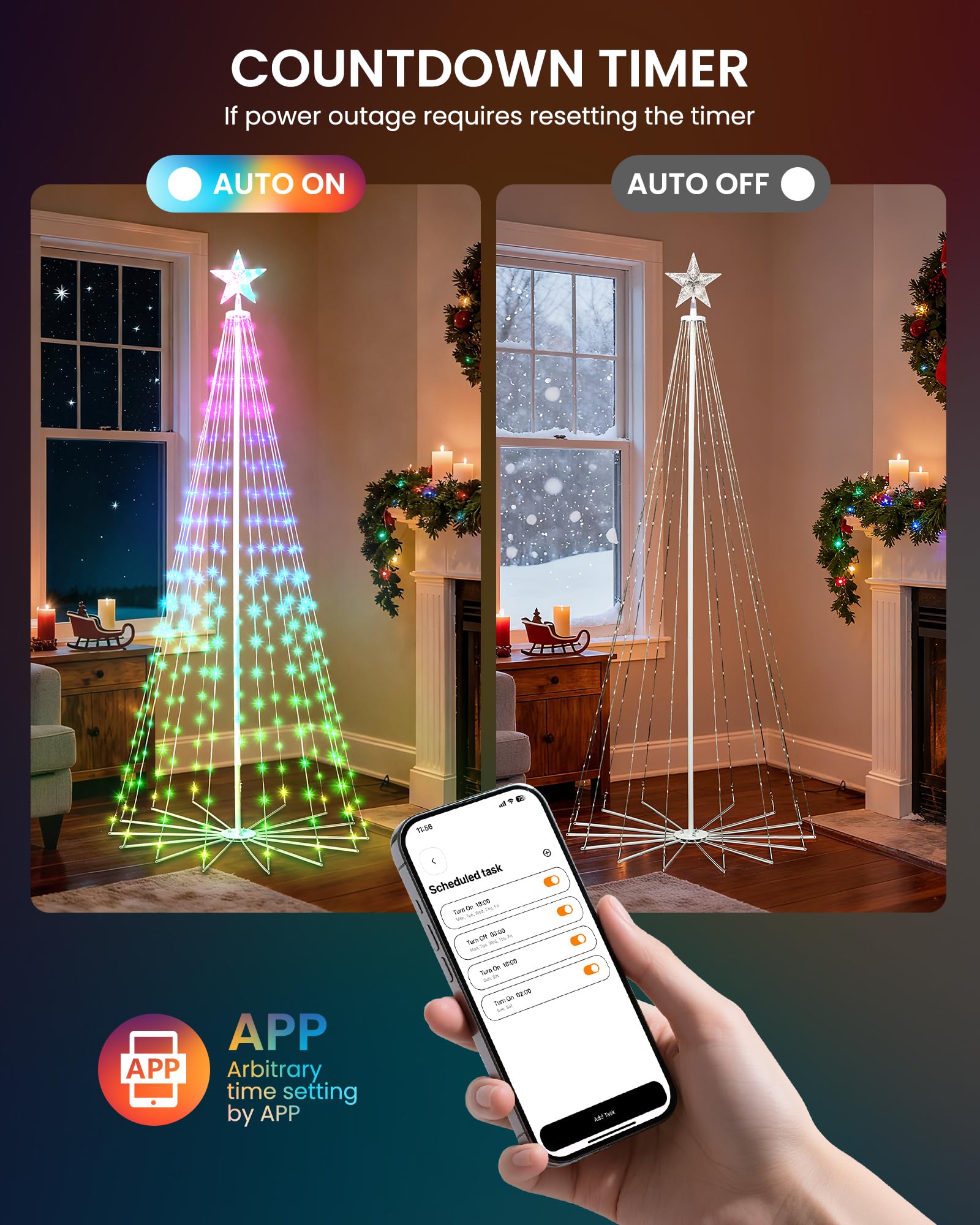 SmartDawn cone trees in yard creating layered outdoor holiday ambiance