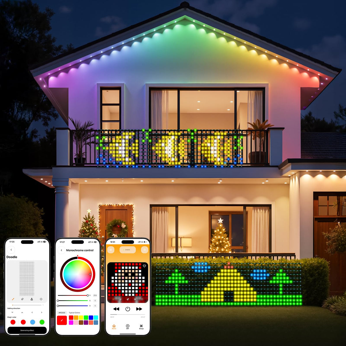 SmartDawn front view of net lights showing full 6x3FT layout and benefit brightness