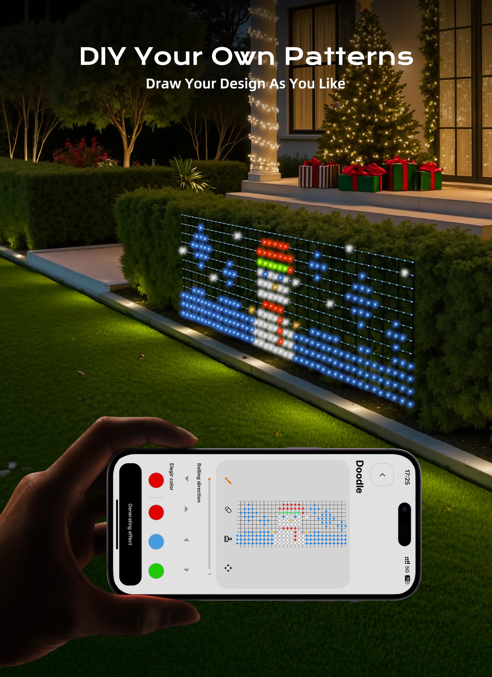 SmartDawn net lights draped on bushes showing vivid holiday ambiance