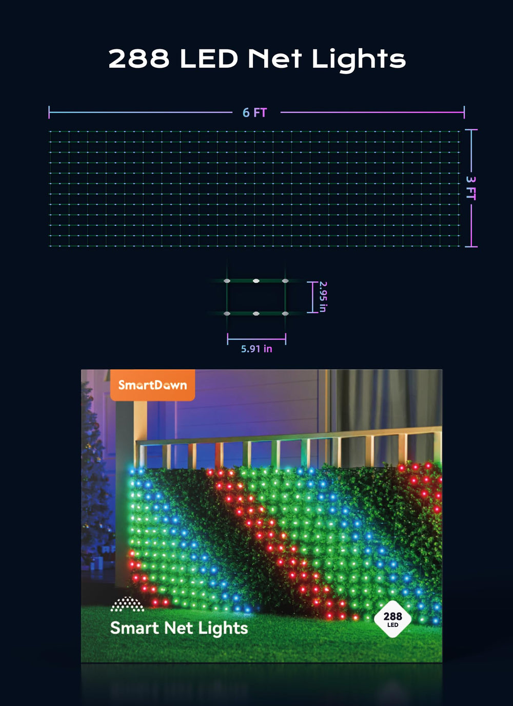 SmartDawn net lights on fence size comparison showing coverage and scale benefit