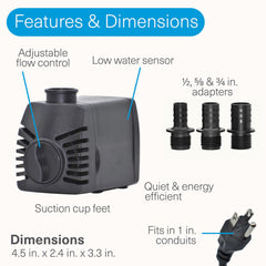 Smartpond pump side profile highlighting adjustable flow control for flexible output benefit