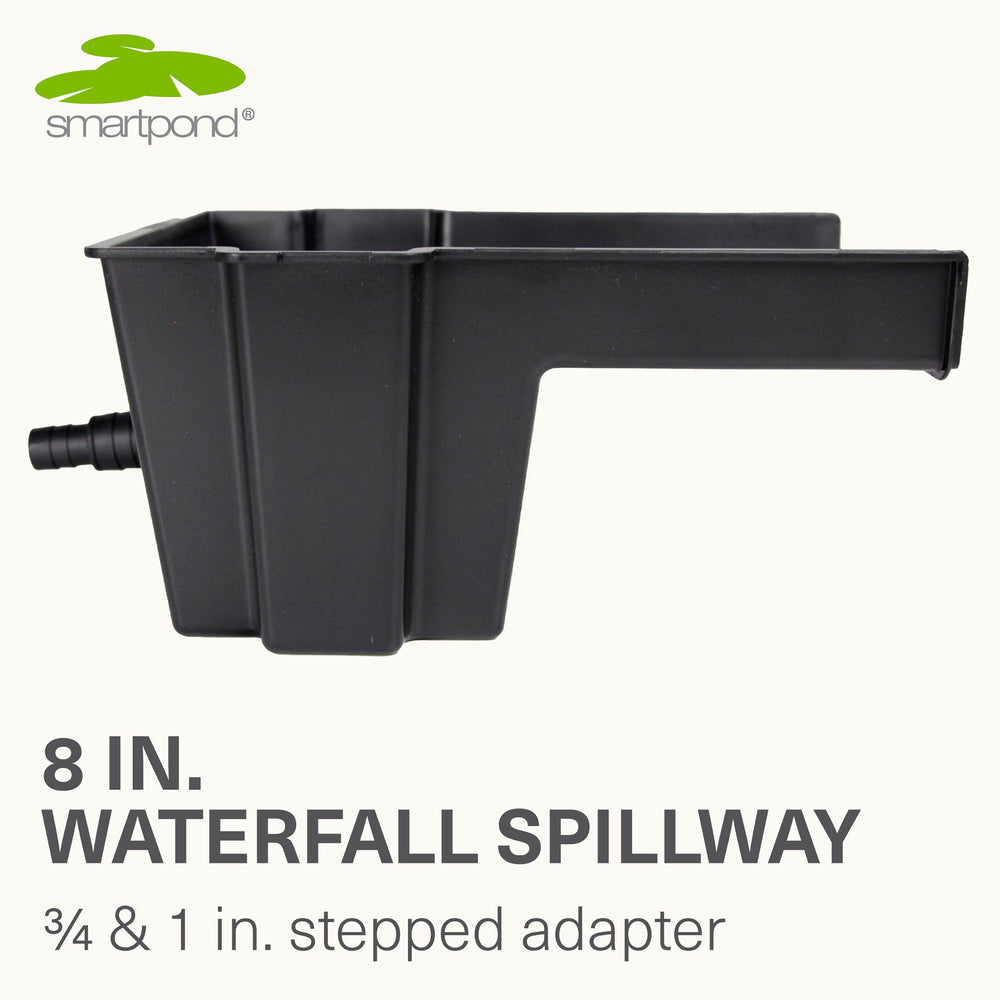 Smartpond spillway close-up of longer bill and baffle for smoother flow